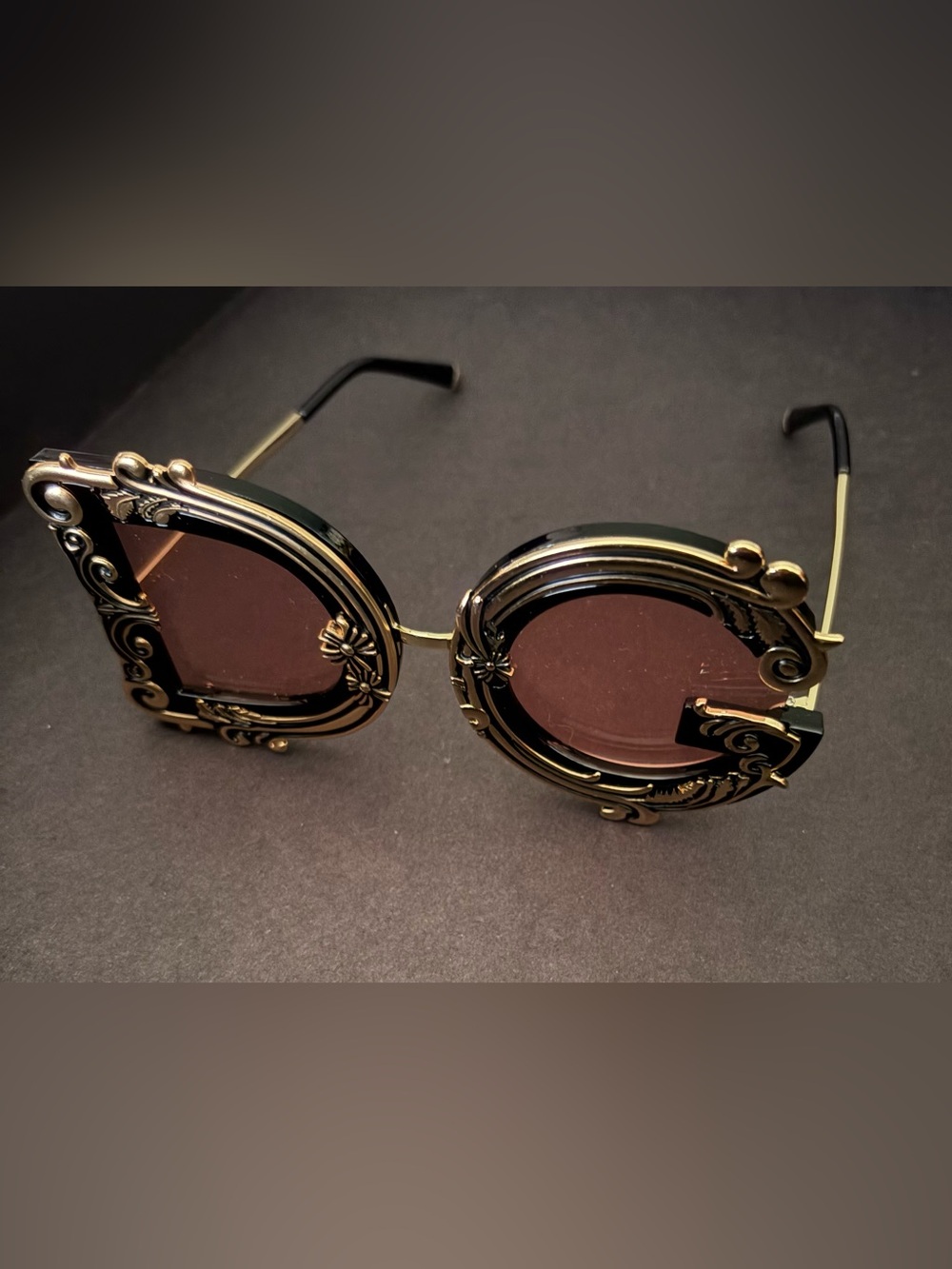 Dolce and Gahanna DG  Ornate Gold Frame Oval Sunglasses with Burgundy Lenses